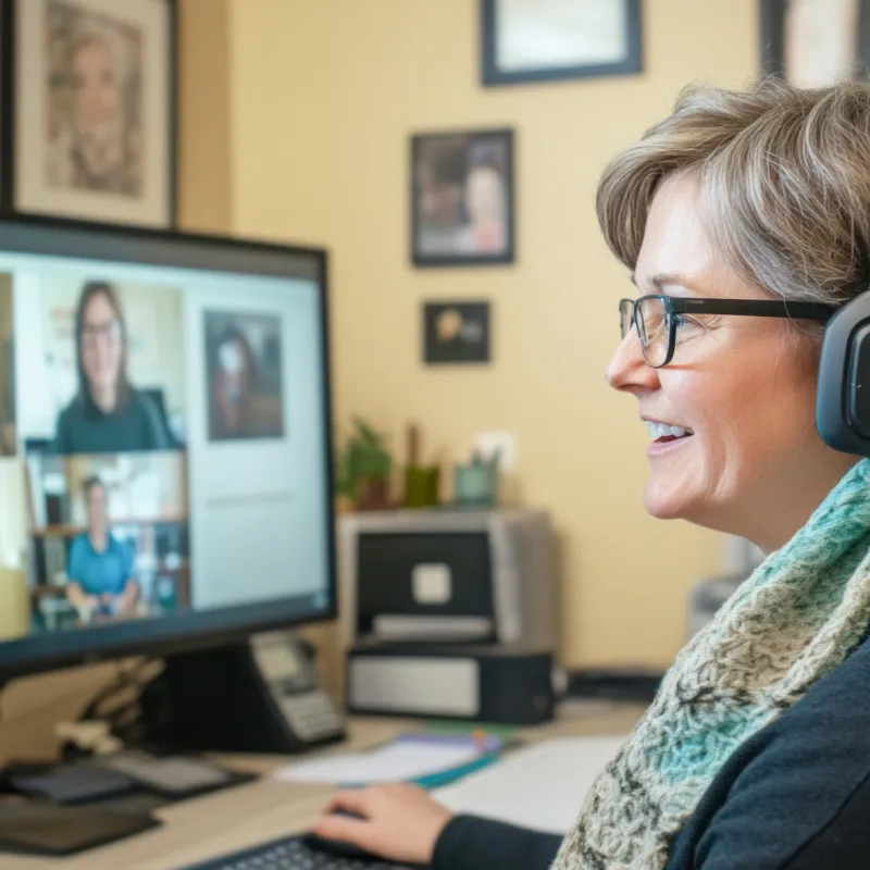Woman sitting with headphones in front of computer screen with webinar attendees on screen