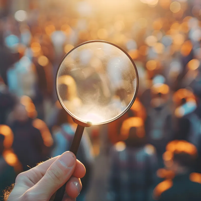 A group of people in the distance and someone holding a magnfying glass in front of the image